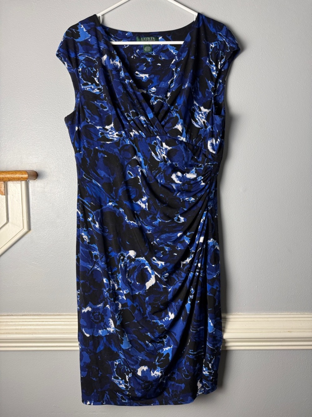 Lauren Ralph Lauren Black and Blue Floral Ruched Wrap Midi Dress. Nice